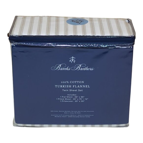 Brooks Brothers Turkish Flannel Twin Sheet Set 100% Cotton Striped Beige - Picture 5 of 6